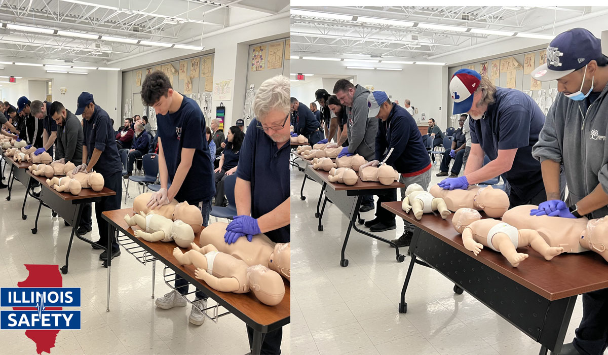 A group of men learning the cardiopulmonary resucitation.