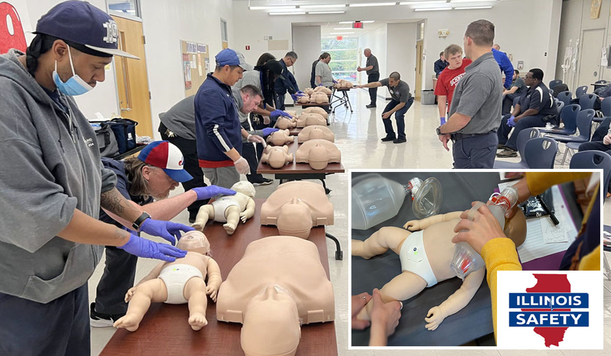 a group of people training in CPR