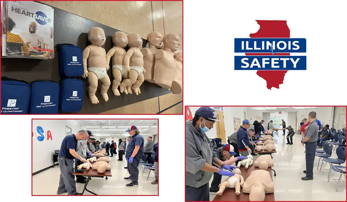 Men training in PALS and using infant CPR training manikins.
