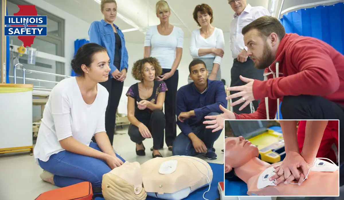 A group of adults training in CPR.