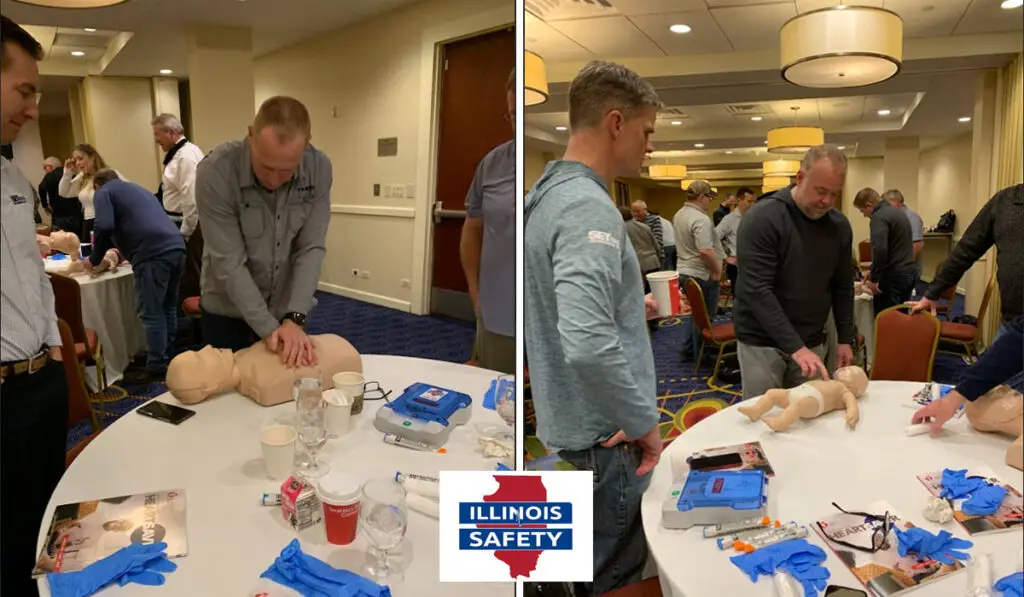 Adult men performing CPR on CPR dolls during training.