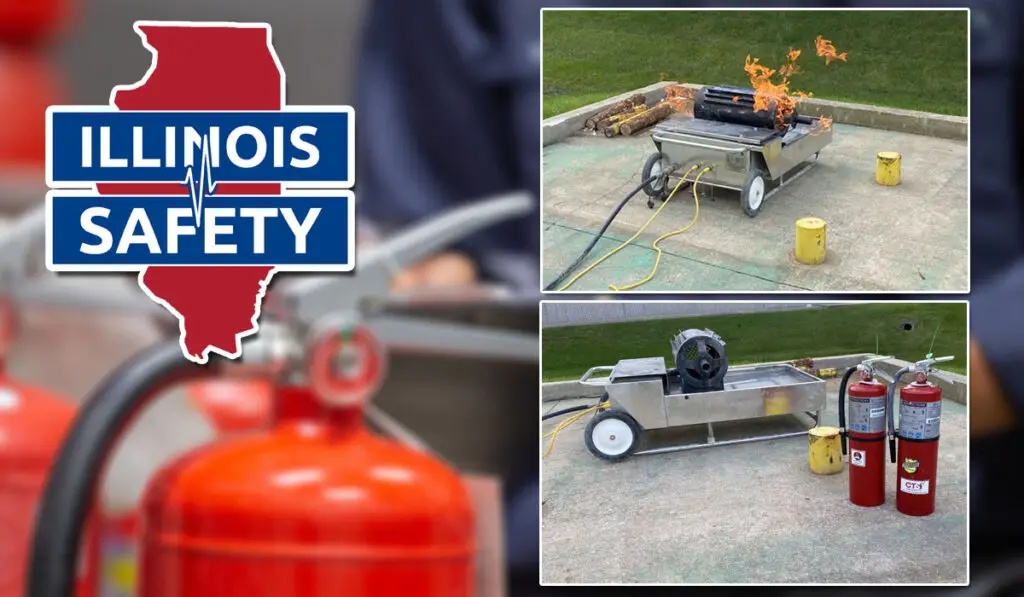 An electric motor props and a fire extinguisher used in fire training in Illinois.