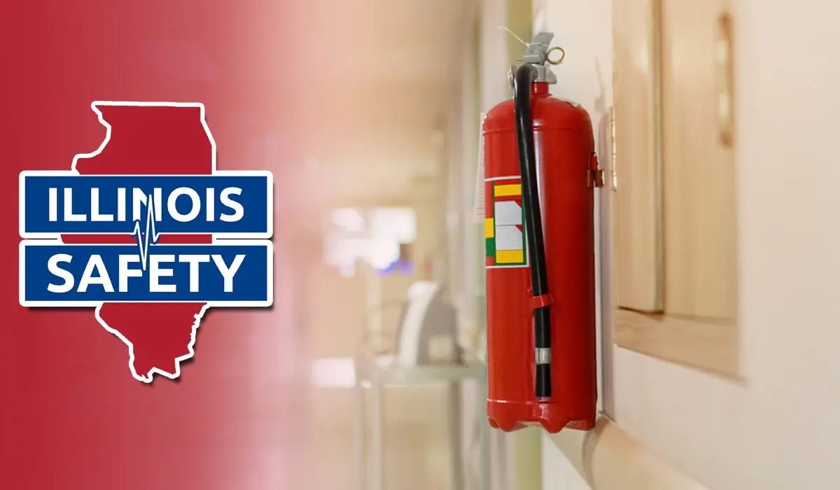 A red fire extinguisher. Fire safety courses in Illinois.