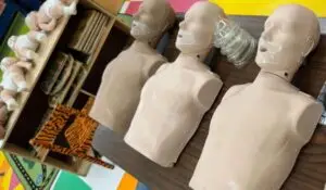 Shelves stocked with CPR mannequins and face shields in a colorful classroom setting, ready for CPR Guidelines training.