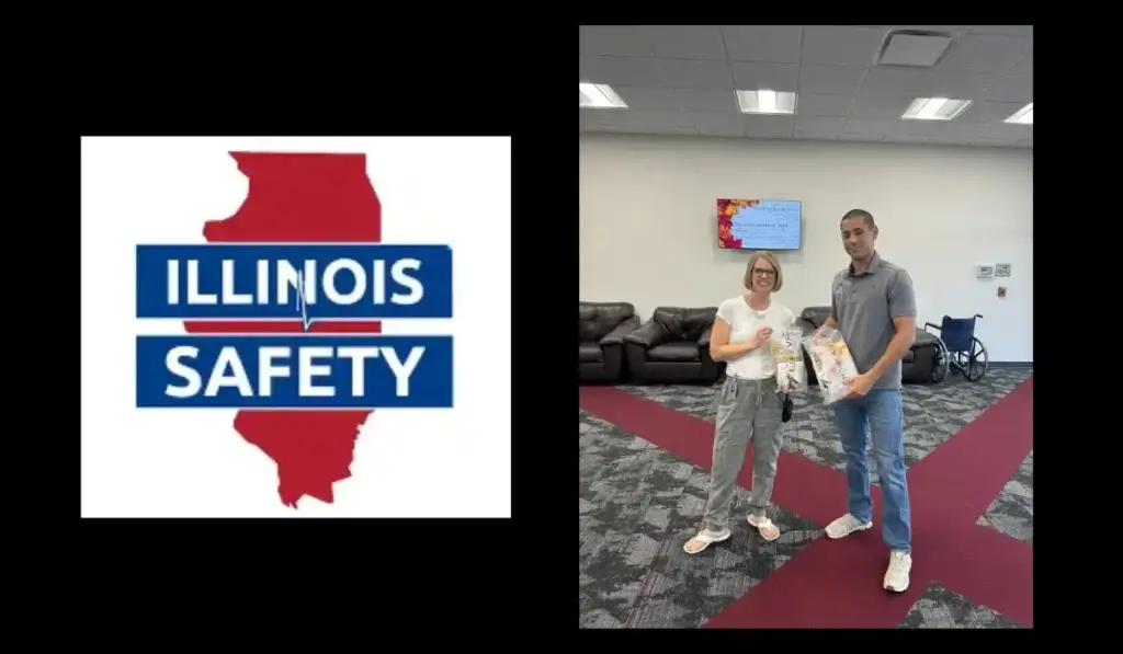 Illinois Safety logo alongside a photo of Joe Witz and a representative from Cross Lutheran School holding LifeVac kits in Yorkville, IL.