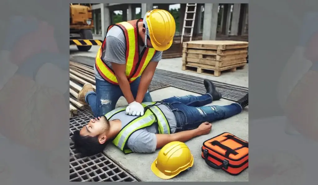 A construction worker administering CPR to a colleague on-site as part of CPR certifications for construction workers.