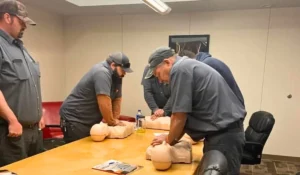 Individuals practicing chest compressions on CPR mannequins during a BLS certification training session in a classroom.