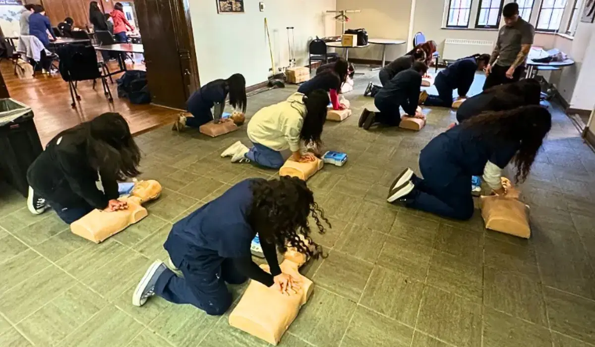 Adults practicing CPR on manikins during an ACLS or BLS certification class designed for non-medical professionals in Chicago.