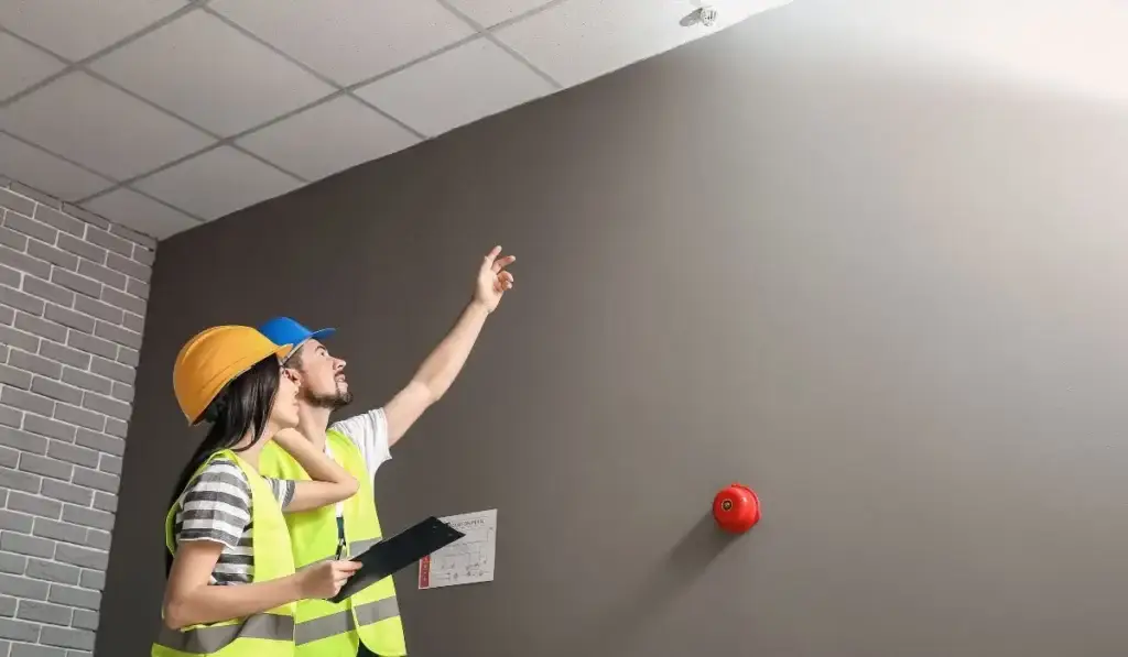 Two workplace safety professionals inspect a ceiling-mounted fire alarm system during an OSHA inspection in a commercial building environment.