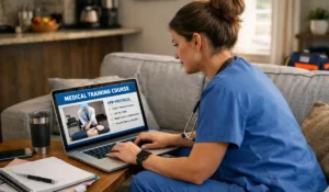 Healthcare worker in scrubs reviewing ACLS Online certification course from home on medical training platform.