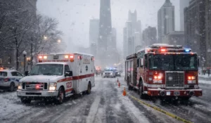 Emergency responders handle winter emergencies on snowy Chicago street with ambulance and fire trucks present.