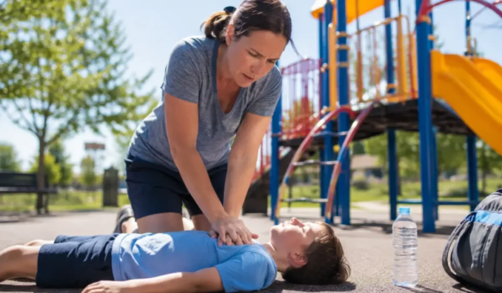 Heatstroke Emergencies in Kids during outdoor CPR response at playground after severe summer overheating incident.
