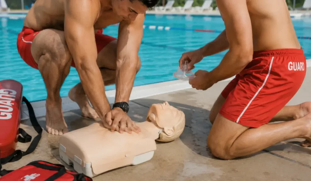 CPR Training instructors practicing chest compressions and rescue breathing on a manikin beside a swimming pool