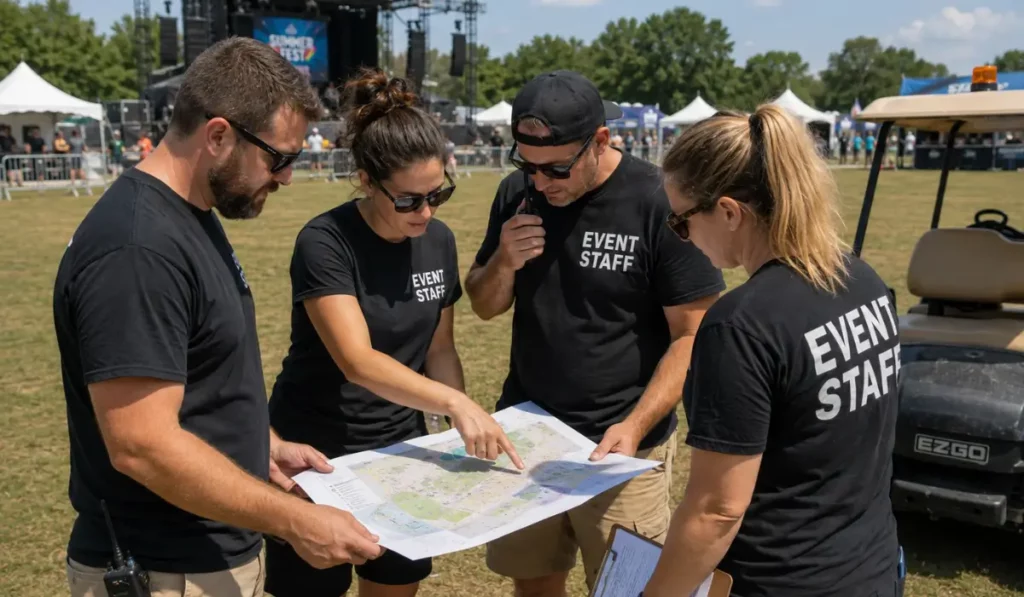 Emergency Preparedness staff review a festival response map while coordinating crowd access and emergency routes outdoors.