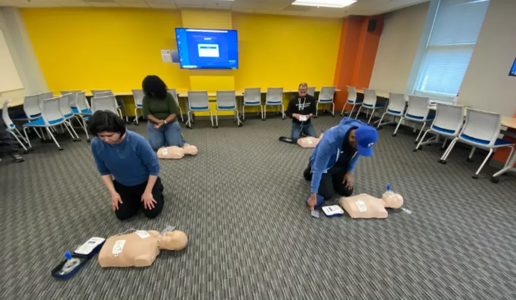 Healthcare professionals practice ACLS vs PALS vs BLS skills with resuscitation manikins during hands-on life support training.
