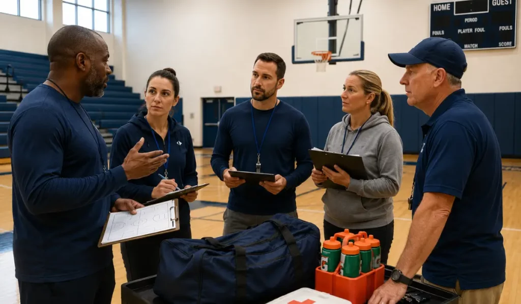 Back-to-School Safety planning brings coaches and staff together in a school gym to discuss emergency response.
