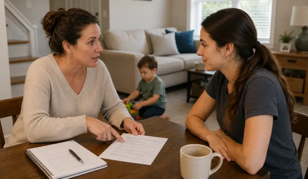 Parent discussing CPR for Babysitters and Nannies and child safety information with a babysitter while a young child plays nearby at home.